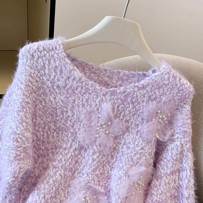 Women's Beaded Flower Faux Mink Knit Sweater