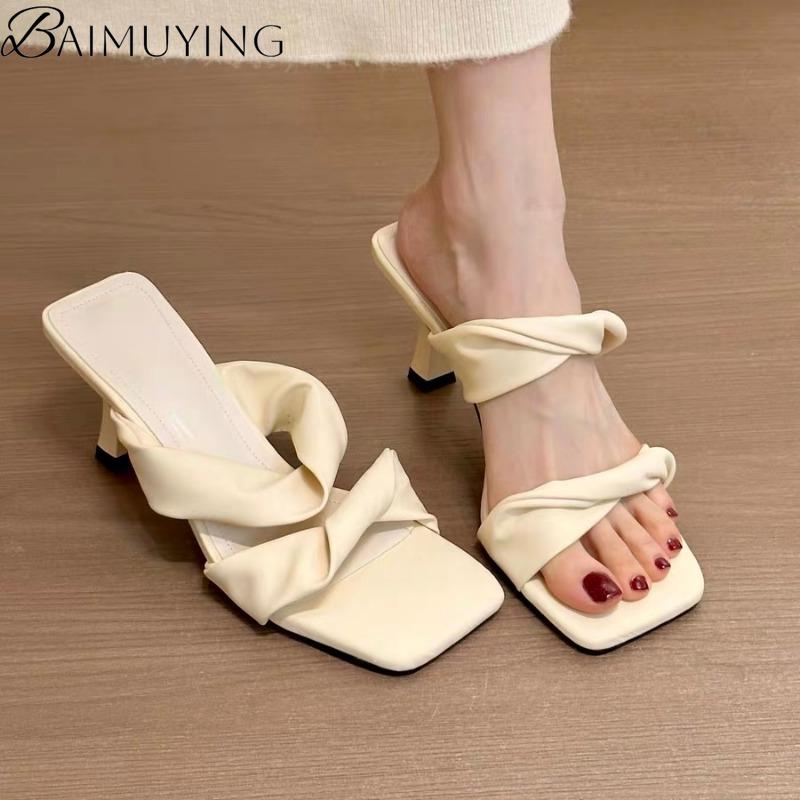 Fashion Square Toe Slippers Women Sandals High Heels Shoes Loafers 2025 Trend Summer Shallow Dress Pumps Flip Flops Sandalias De Mujer