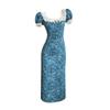 Square neck lace splicing blue floral dress, new short-sleeved long dress in summer, popular skirt women's clothing