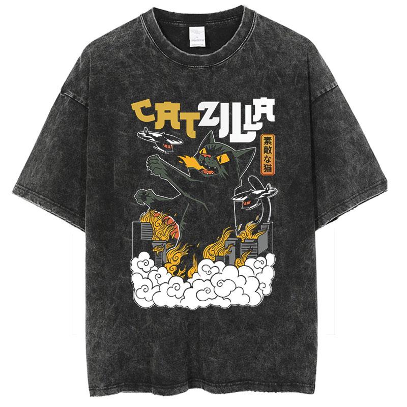 Summer America Other Old Washed Cross-border Large Size Loose T-shirt Catzilla Monster Cat Male and Female Students Tide