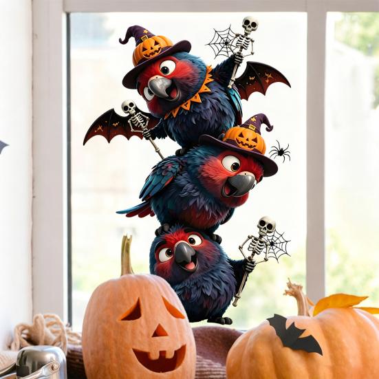 Static Glass Sticker, Traceless Reusable Window Decal, Halloween Bird Shapes Wizard Hat Crow Colorful Parrot Skull Spider Web Window Cling