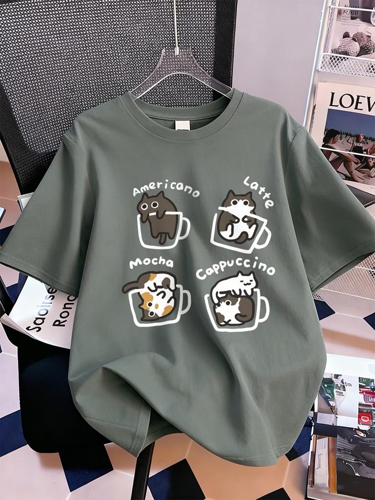 Cat Coffee Art Letter Printing TShirts Womens Summer Cotton Short Sleeve Tops ONeck Soft Loose T Shirt Casual Womans Clothes