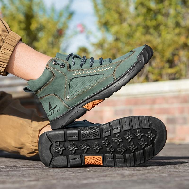 Women/ Men's PU Leather Boots, Men's Fashionable Handmade Stitched Ankle Boots, Flat Bottomed Lace Up Casual Shoes