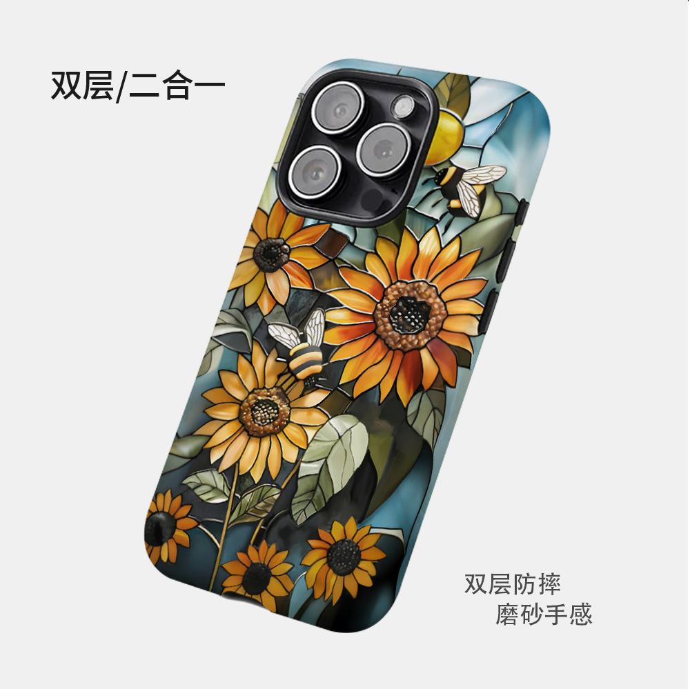 Niche Retro Style Sunflower Bee Illustration Apple 17 Mobile Phone Case iPhone13promax Double Protective Case