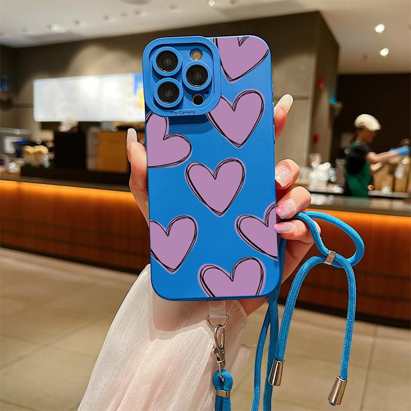 

Full Screen Love Heart Lanyard Strap Phone Case For iPhone 15 14 13 12 11 Pro Max X XS XR 7 8 Plus SE Silicone Soft Cover For iPhone 13 Mini