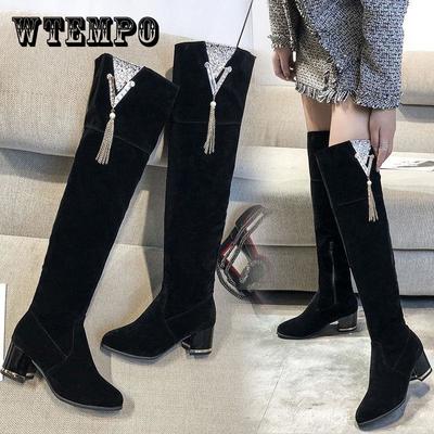 Women's Boots Autumn Winter Over The Knee Boots Crystal Tassel Comfort Cotton Flat Flock Boots