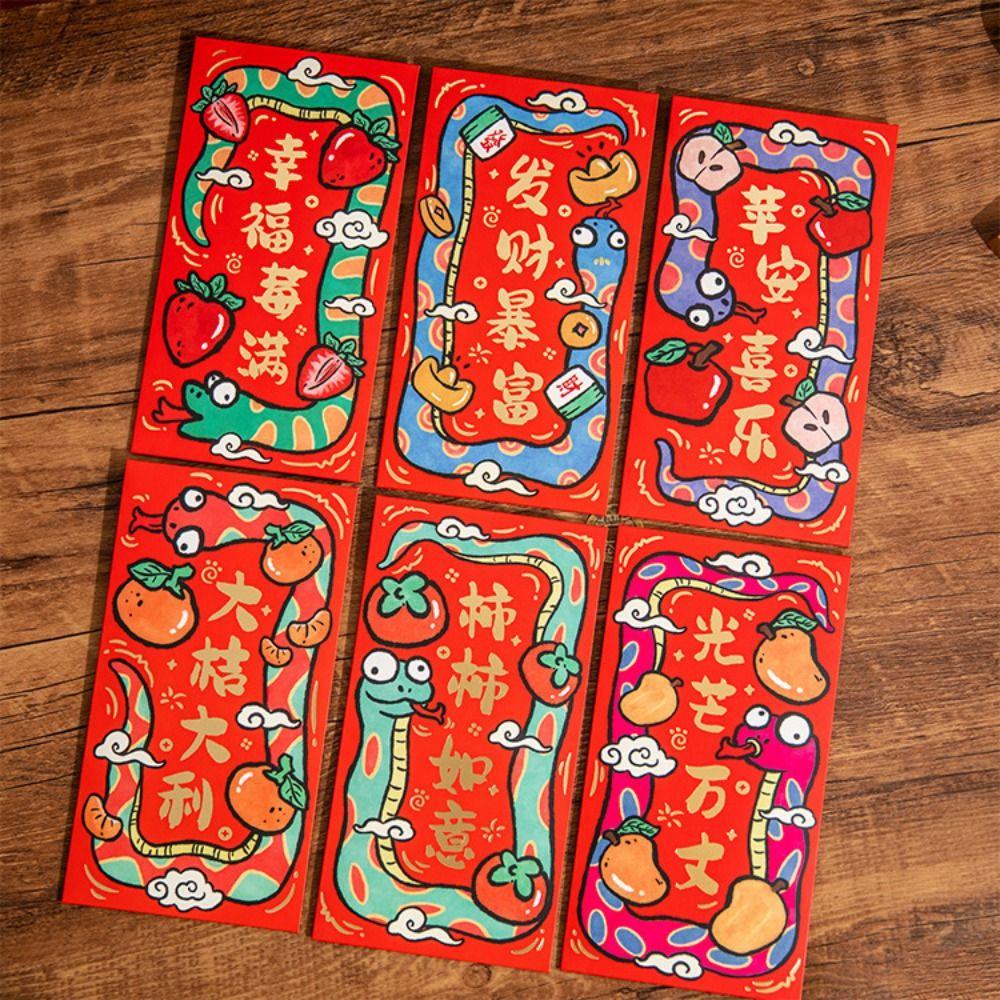 

6PCS/SET Cartoon Red Pocket Hand Drawn Good Luck Hongbao Cute Red Envelopes Spring Festival Style A