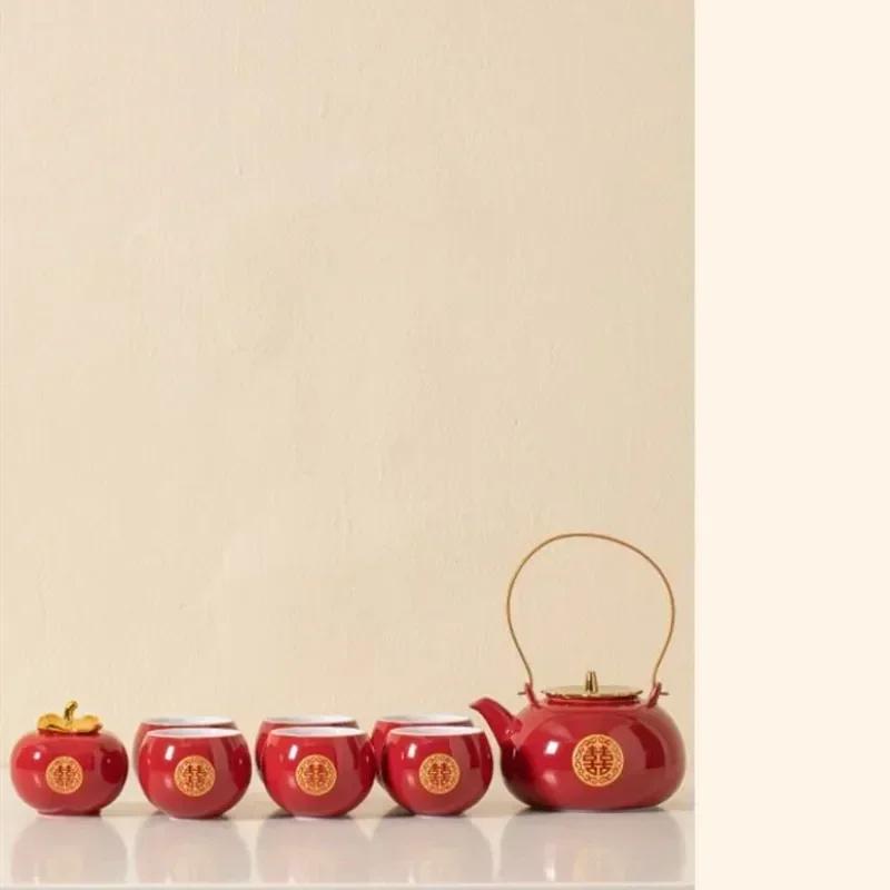 Chinese Red Ceramic Tea Set Bamboo Tray Handmade Teapot Kettle Teacup Tea Jar Household Wedding Teaware Sets Holiday Luxury Gift