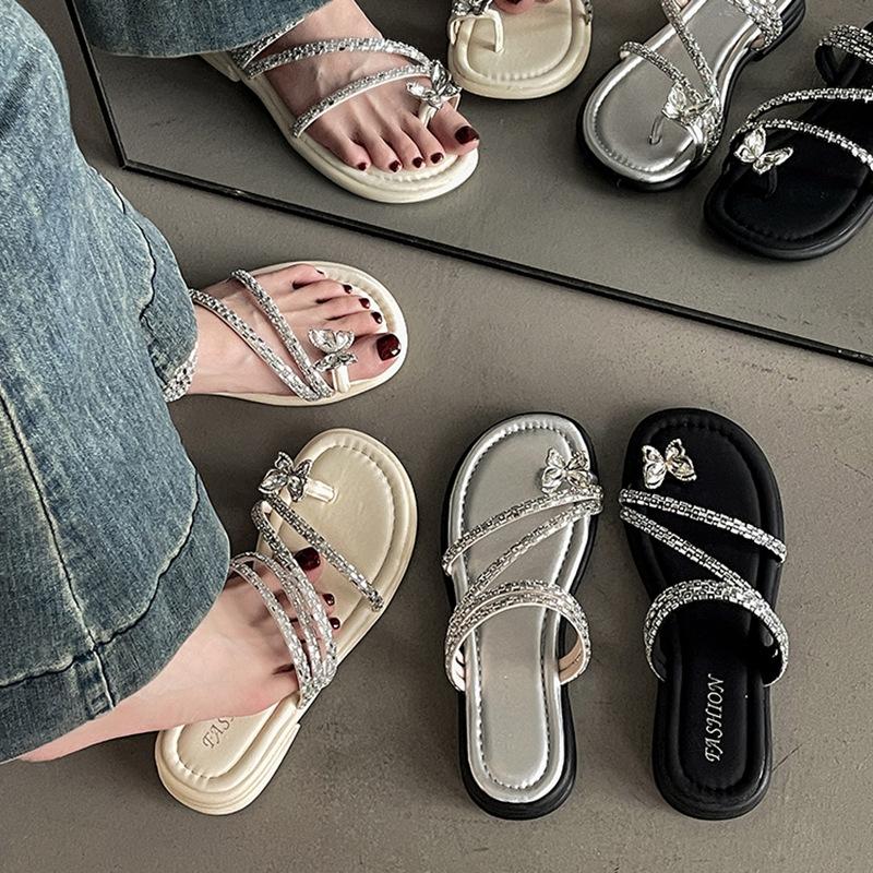 Versatile Temperament Slippers Women's Summer 2025 New Fashion High-end Butterfly Sandals Rhinestone Open-toe Drag