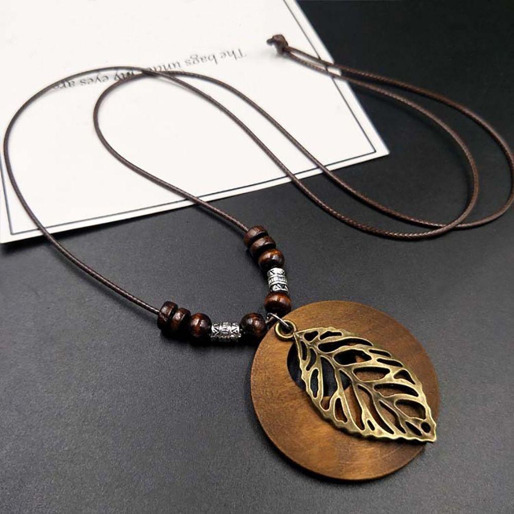 Pendant Round Sweater Chain Wooden Retro Ethnic Clothing Pendant Vintage Leather Lanyard Women Girls