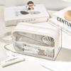 Korean Transparent Pen Bag Large Capacity Waterproof School Stationery Bag Solid Color PU Cosmetic Pouch School Supplies