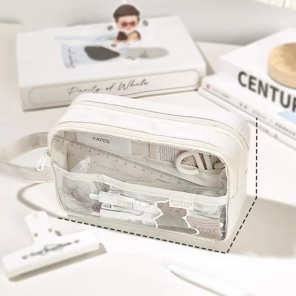 Korean Transparent Pen Bag Large Capacity Waterproof School Stationery Bag Solid Color PU Cosmetic Pouch School Supplies