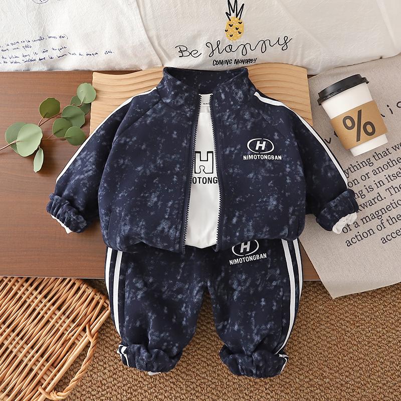Boys' long sleeved three piece set - Navy blue baseball jersey - jacket+T-shirt+pants - baby fashion clothing - size S-3XL