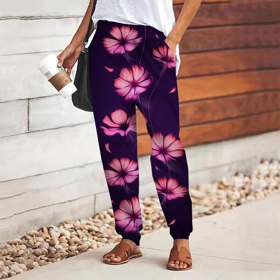 Damen Hose mit Blumendruck zum Schnüren Elastischer Bund Weite Hose Lässige Lange Hose Hose mit Taschen
