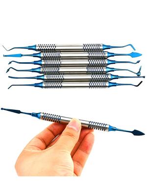Set di strumenti per restauro di testine in resina per riempimento di resina composita dentale, spatola in titanio, 6 pezzi, blu