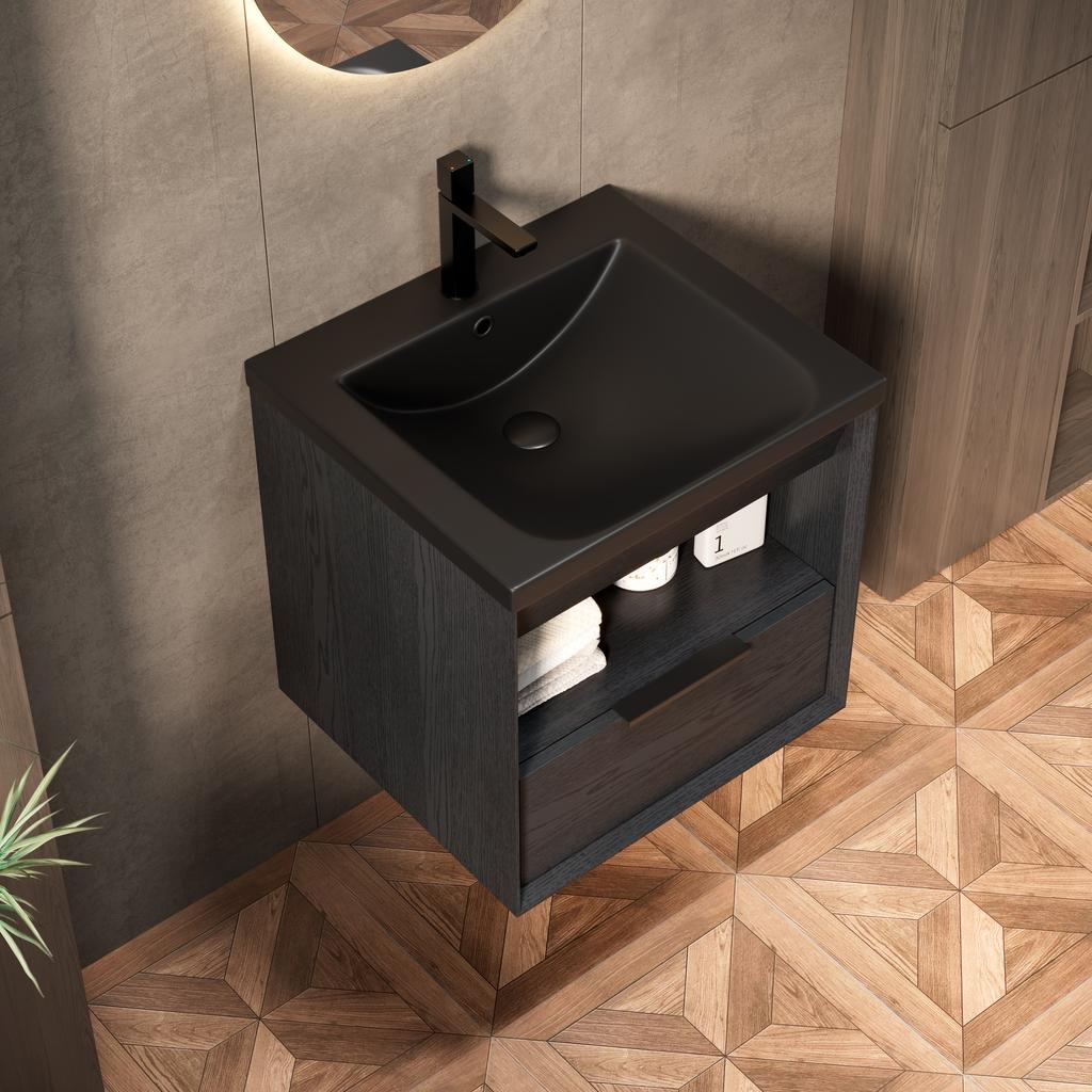 51cm Floating Bathroom Vanity with Integrated Undermount Ceramic Basin, Beveled Plywood Cabinet with Shelf and Drawer, Pre-assembled, Black Wood Grain