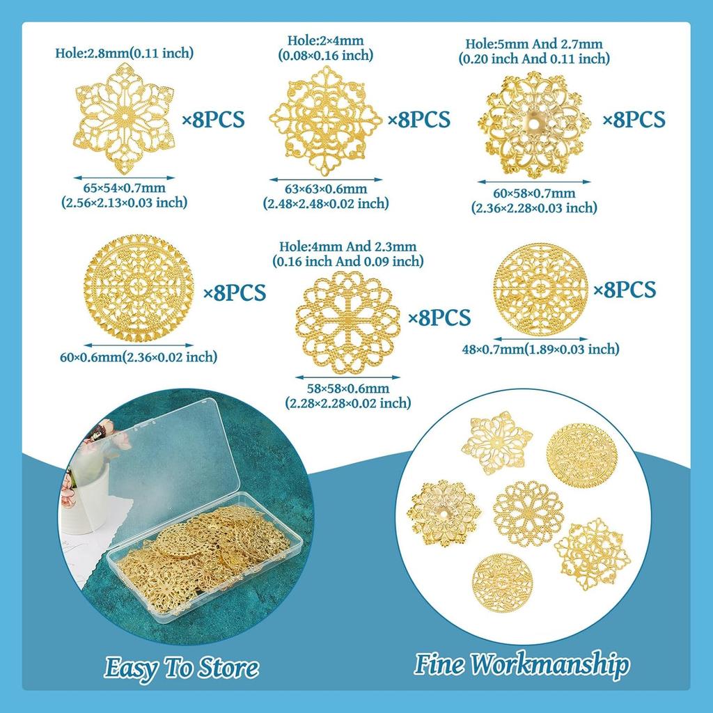 Cheriswelry 48pcs Flower Filigree Joiners Links Flower Golden Metal Dangle Charms Rack Plating Iron Etched Metal Embellishments 48~65mm for DIY Craft