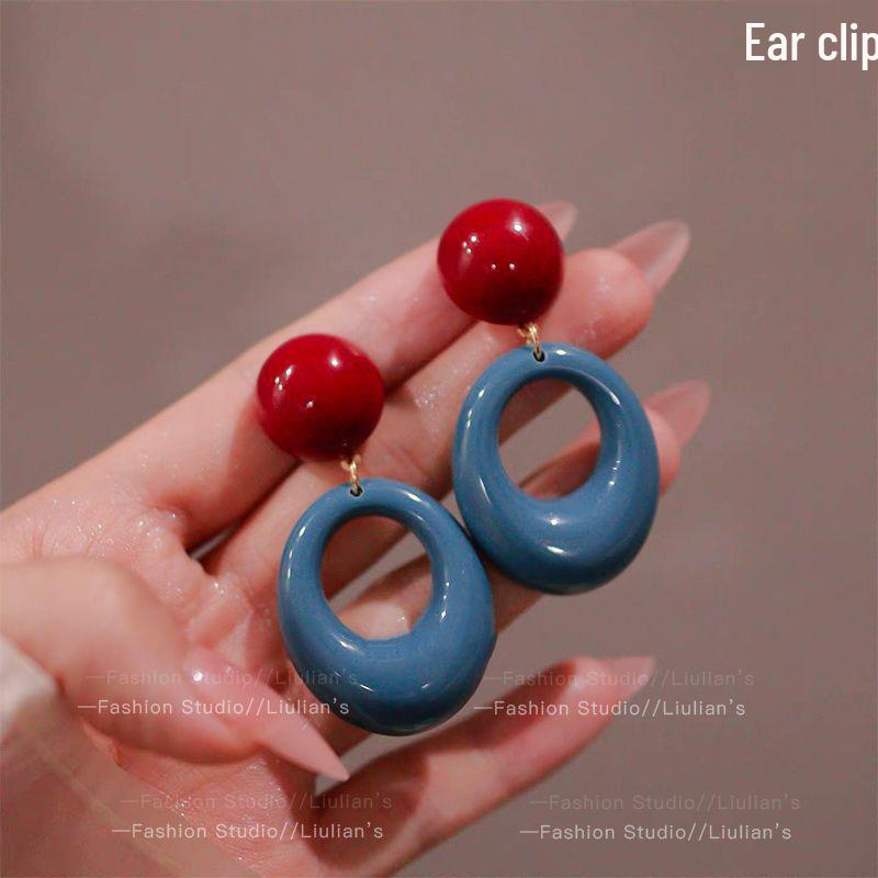 80s Hong Kong Style Red & Blue Clip-On Earrings for Non-Pierced Ears – High-End French Luxury Stud Hoops