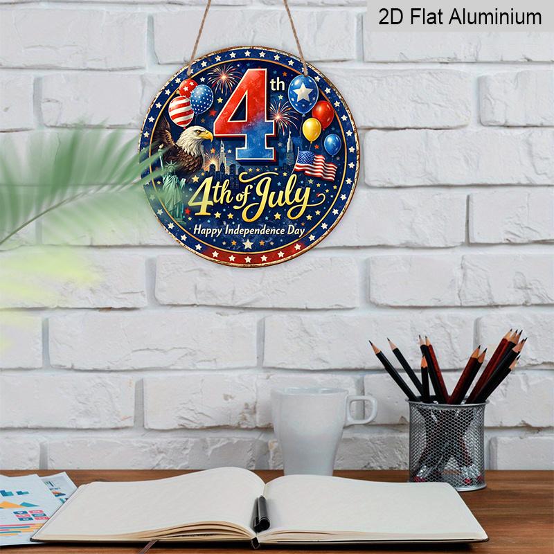 2D Flat, 1pc Round 4th of July Aluminum Hanging Sign, Patriotic Bald Eagle Statue of Liberty Balloon Firework Design, Retro Distressed Patriotic Wall