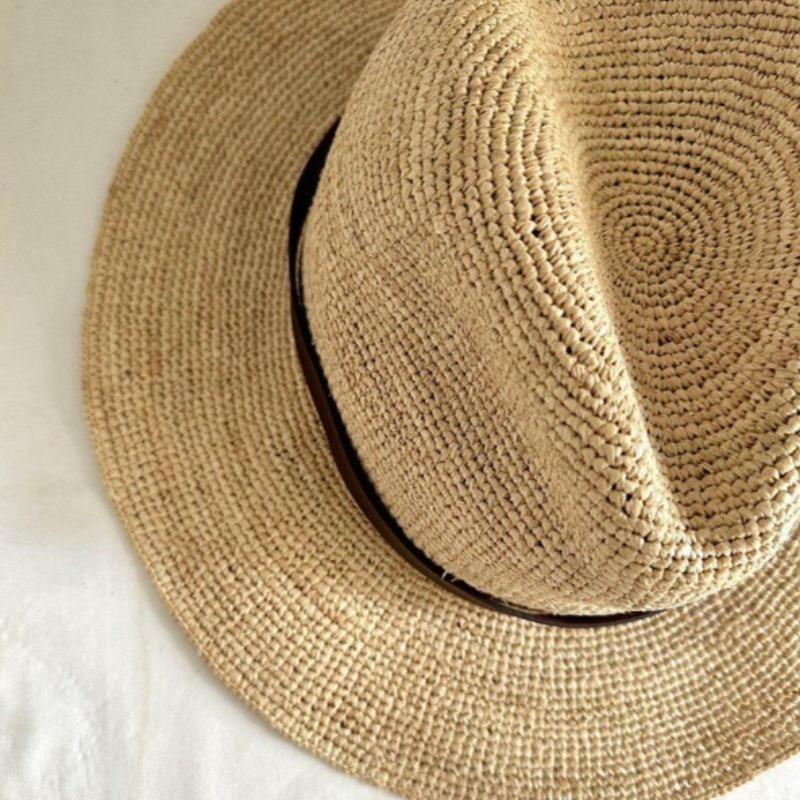Natural Raffia Beltjazz Top Sun Hats Summer Cool Hand-Woven Breathable Top Hat Men'S Women'S Versatile Straw Hat Beach Panama