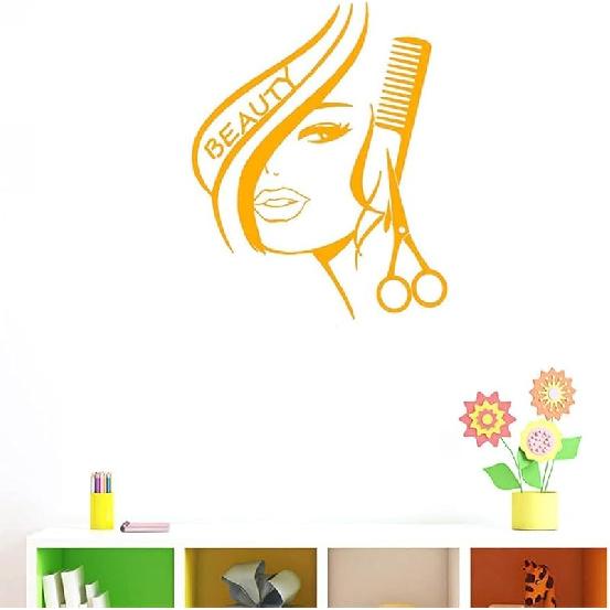 BIBITIME Modern Fashion Beauty Girl Cut Hair with Scissors Comb Barber Shop Wall Decal Window Sticker Hairdressing Salon Creative Personality Vinyl