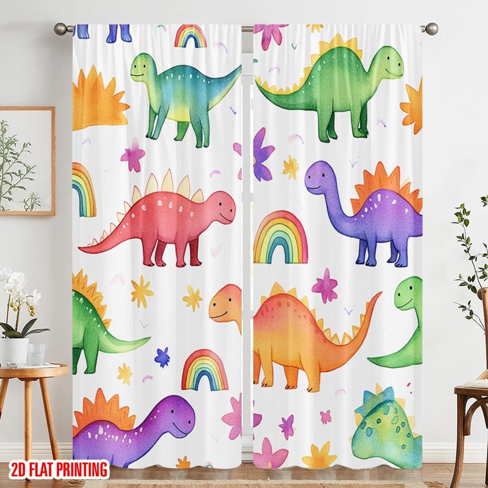 2pcs,2D Plane Printing Curtains&Window Treatment Dinosaur Rainbow Flower Versatile 100% Polyester (without Rod) Art Deco Festive