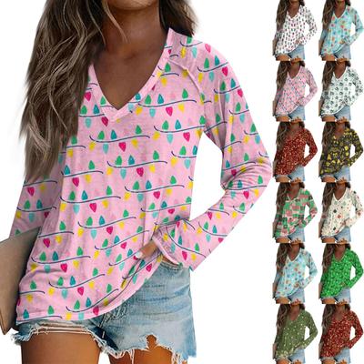 Women's Casual Fashion Graphic Printed Vintage Casual Print Long Sleeve V Neck Pullover Top Blouse