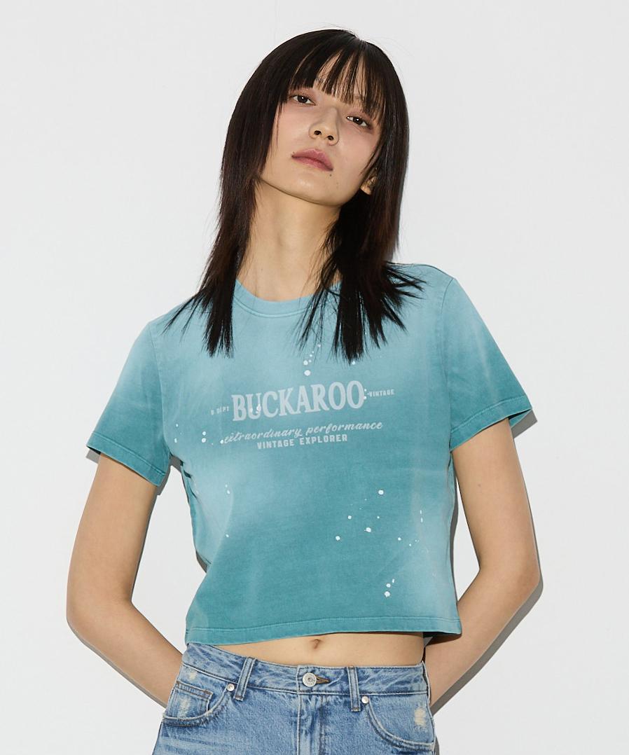 Burkeru Women S 20S Single Painted Washed Crop Short Sleeve T-Shirt Aqua Blue Aqua Blue_Xs