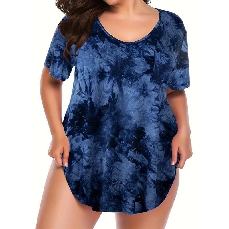 Women's Plus Size Summer Fashion V Tie Pocket Tie Dye Short Sleeved T Shirt