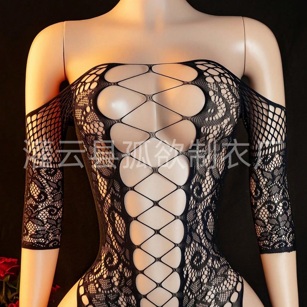European and American temptation hollowed-out jacquard fishing net one-piece erotic underwear women's sexy transparent large-size hip-wrapped 