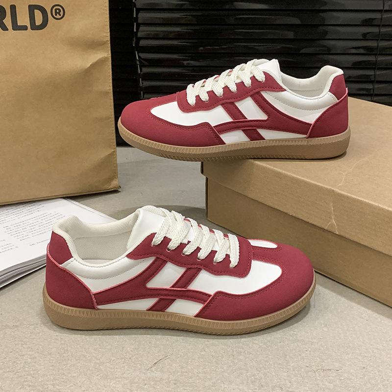 Burgundy German training shoes women's spring new fashion flat-bottomed lace-up casual shoes ins retro low-top board shoes