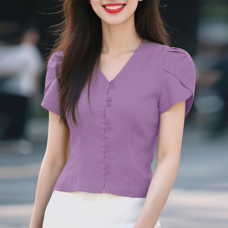 ZANZEA Women Casual V-Neck Summer Short Sleeve Plain Blouse