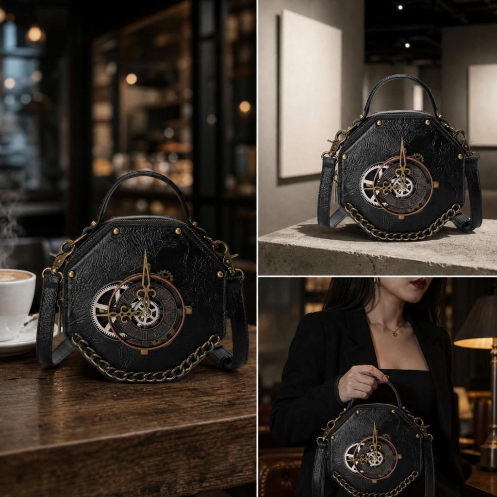 Steampunk Shoulder Bag with Clock Face Retro PU Crossbody Chain Trim