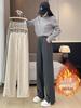 Women's High-Waisted Fleece-Lined Wide-Leg Pants, 5-Year Autumn/Winter, Thickened Herringbone Design