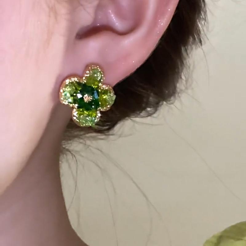 PONYKISS  Sterling Silver Green Crystal Flower Stud Earrings for Women Minimalist Cute Fine  Plant Accessories