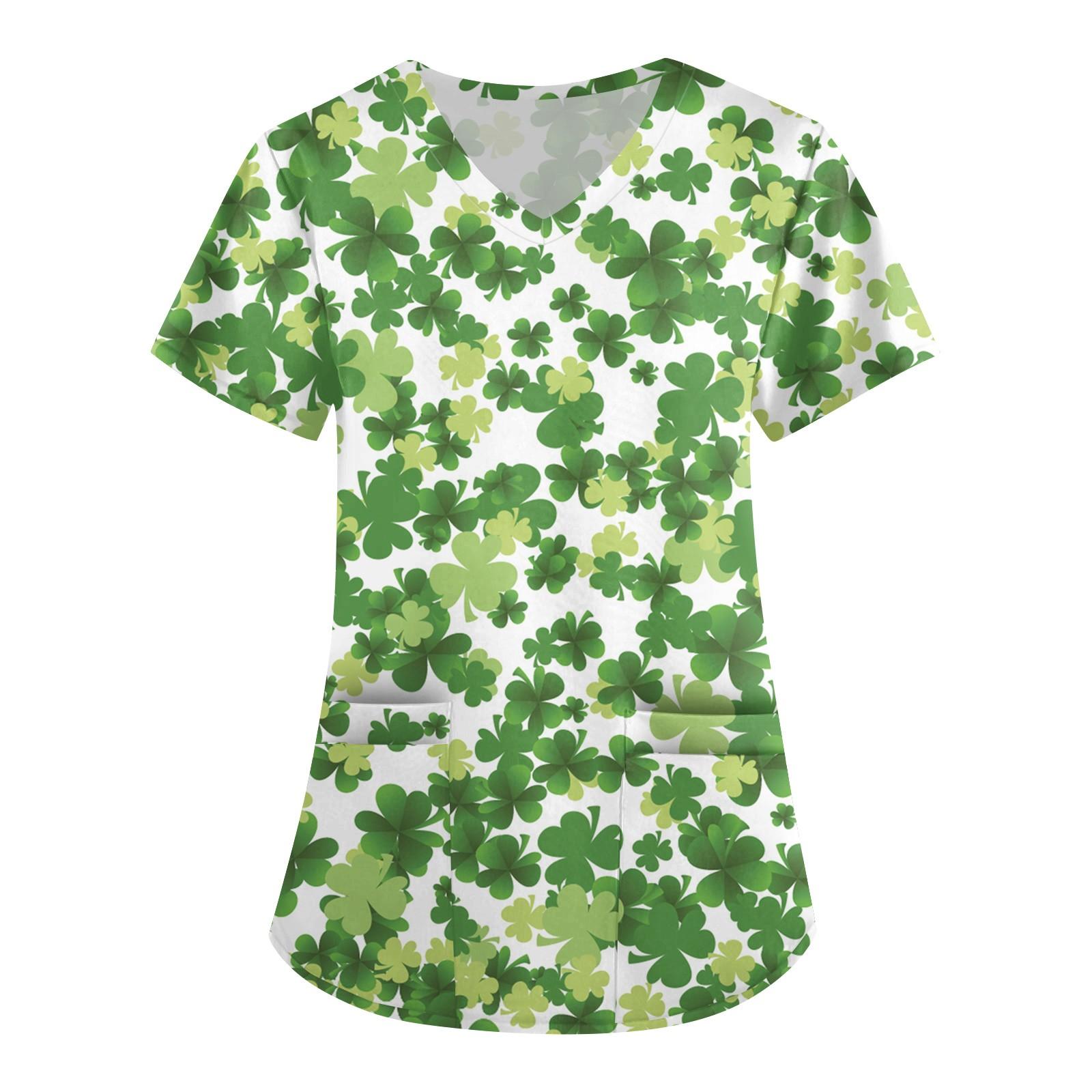 

Женская симпатичная принтованная рабочая одежда с V-образным вырезом, двухслойными карманами, базовым коротким рукавом, пуловером L бежевый