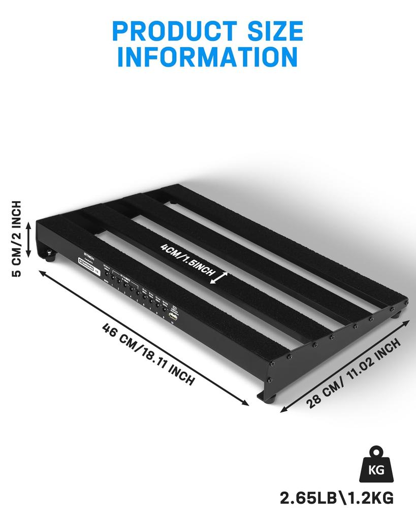 STRICH Powered Effects 46 x 28 Lightweight Aluminum Alloy Pedal Board with Pedal Cable Bag and Strips PB-S18 Board, cm, 1.2 kg, Hook-and-Loop