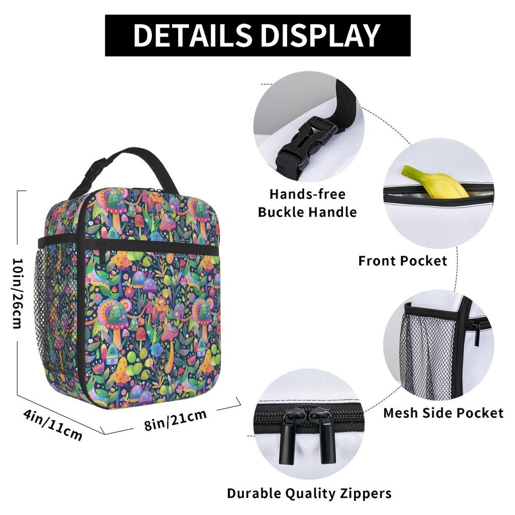 Colorful Magical Mushrooms Pattern Insulated Lunch Bag for Women Children Portable Food Boxes Thermal Lunch Box Tote