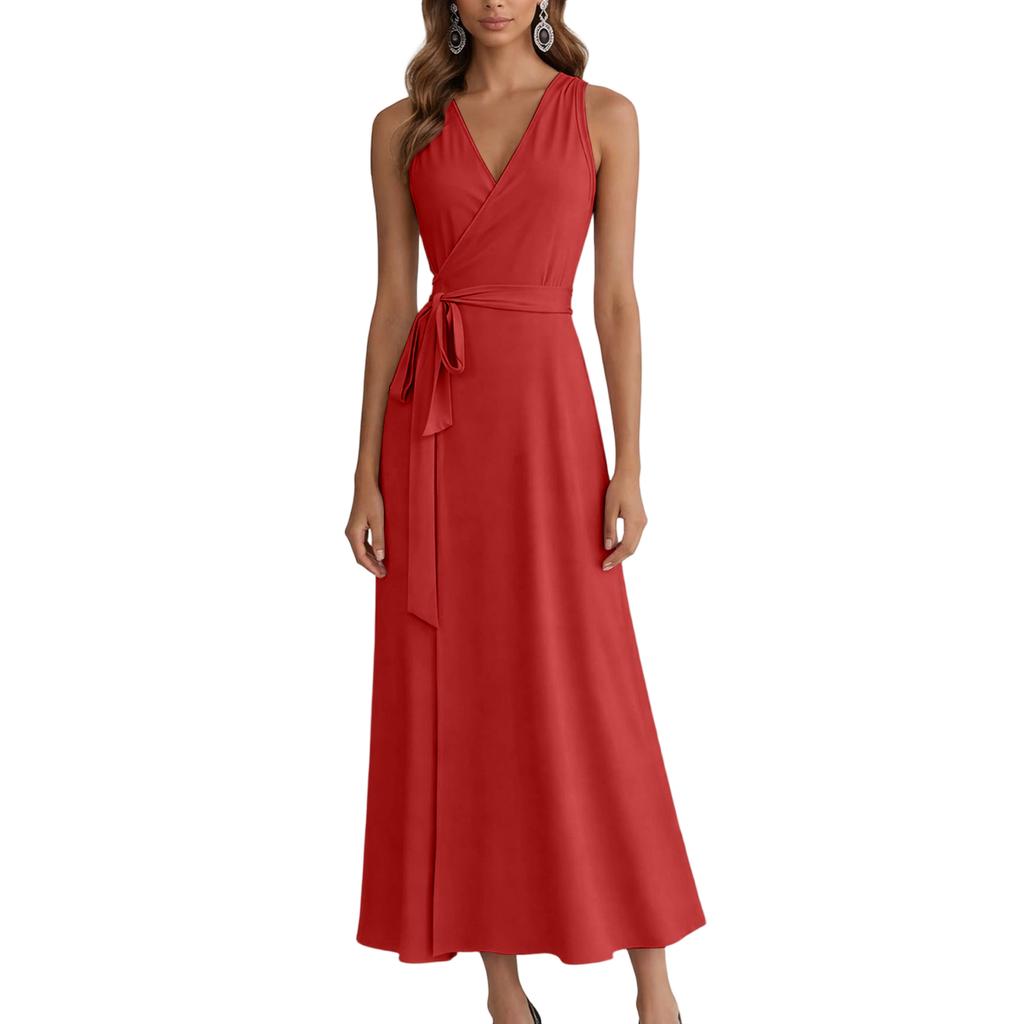 Sleeveless V Neck Wrap Dress for Women with Adjustable Waist Tie and Flared Hem Suitable for Daily Wear and Events