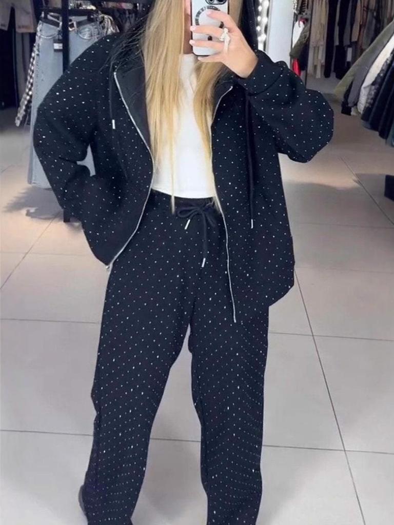 Women's Autumn/Winter Hooded Sweatshirt and Wide-Leg Pants Set with Full Diamond Details