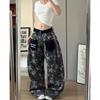 Womens Retro Hong Kong Style Denim Pants With Star Print Loose High-Waist Wide Leg Trousers