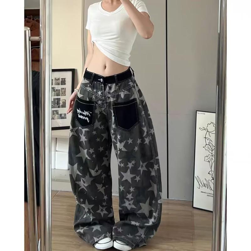 Womens Retro Hong Kong Style Denim Pants With Star Print Loose High-Waist Wide Leg Trousers