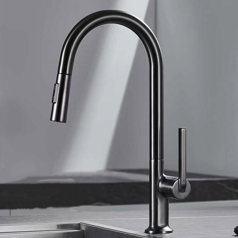 Grey/Brushed Gold/Black Kitchen Sink Faucet Pull Out 360 Degree Rotation Hot Cold Water Mixer Tap Single Hole Single Handle