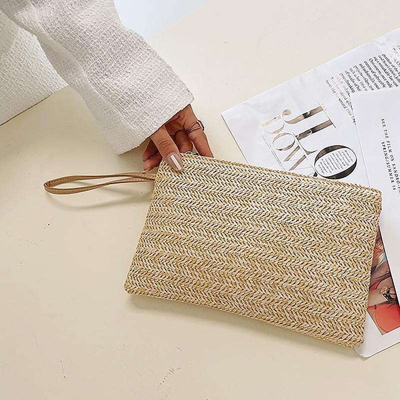 Weaving Bag  Ladies Wristlet Clutch Women Daily Money Phone Clutch Solid Straw Woven Coin Purse Beach Wallet Card Holder