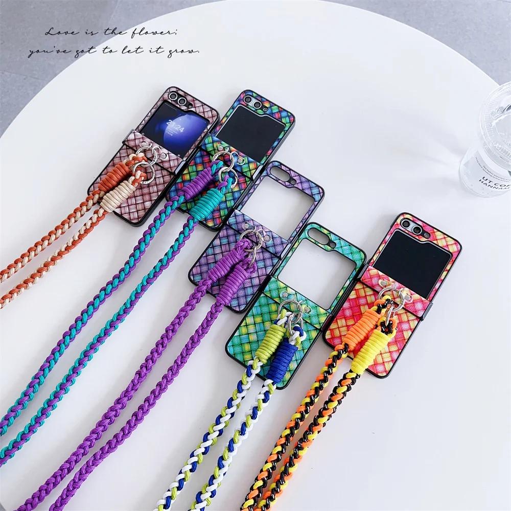 Crossbody Lanyard Colorful Woven Phone Case for Samsung Galaxy Z Flip 6 5 4 3 Flip5 Flip4 Flip3 5G Protective Shockproof Cover