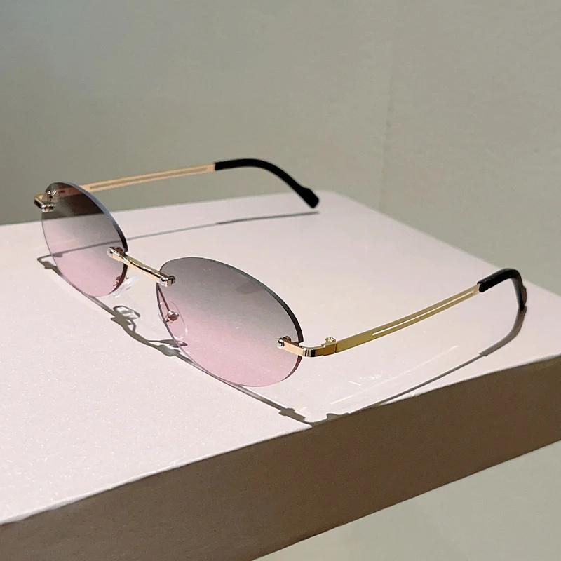 Rimless Oval Sunglasses Women Fashion Gradient Decor Shades Eyewear New Trendy Vintage Brand Design Casual Eyeglasses