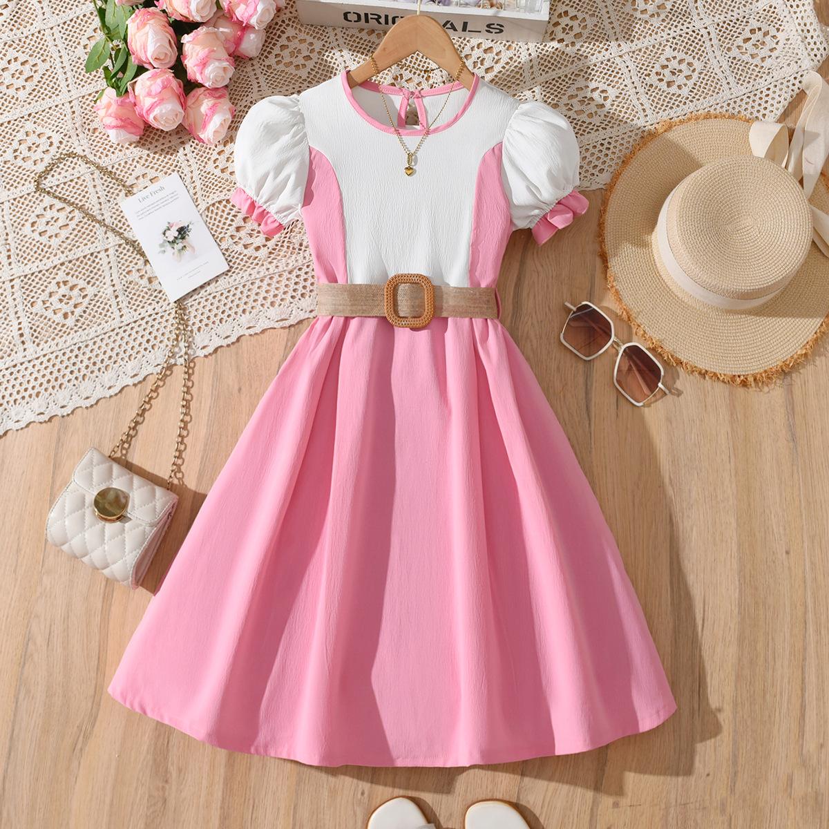 Sweet Pink And White Dress For Girls Summer Children s Fashionable Princess Dress 11-12Y