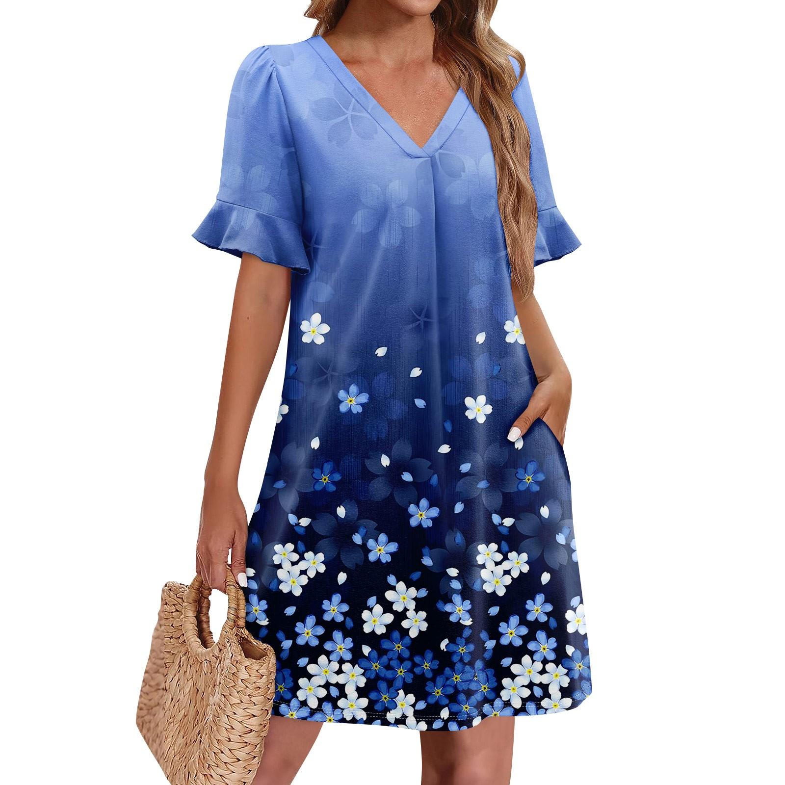 

Летние платья для женщин с V-образным вырезом, оборками и коротким рукавом, повседневное свободное платье с принтом, пляжное платье с карманами XXL