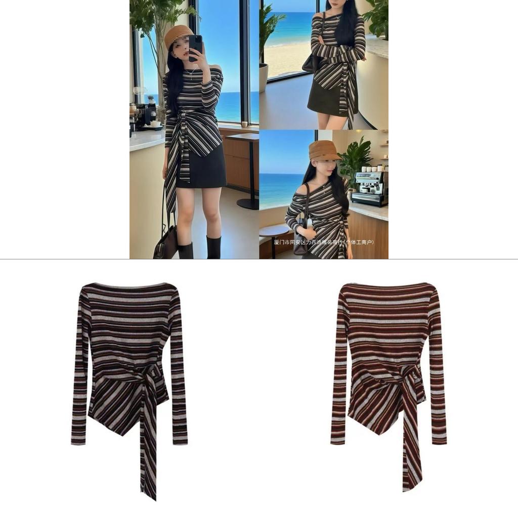 Korean Style Striped T Shirt With Tie Details For Fall Winter Fashion