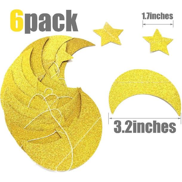 50ft Glitter Moon & Stars Garlands, 6 Pack Gold Double-Side Crescent and Twinkle Stars Paper Hanging Decorations for Birthday Party Baby Shower